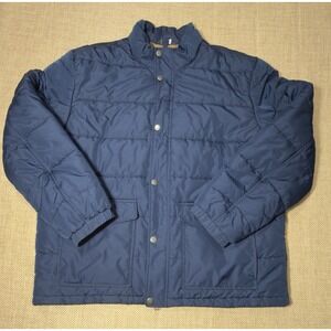 Lands End Jacket Mens XL Lighthouse Puffer Coat Navy Blue Zip Snap Insulated